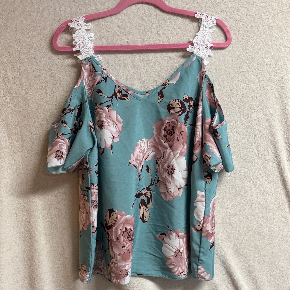 SHEIN Teal Floral Cold-Shoulder Cami with White Lace Straps
